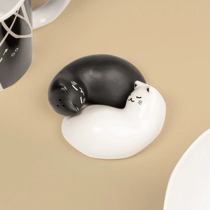 Salière poivrière chat en céramique noir et blanc, finition soignée