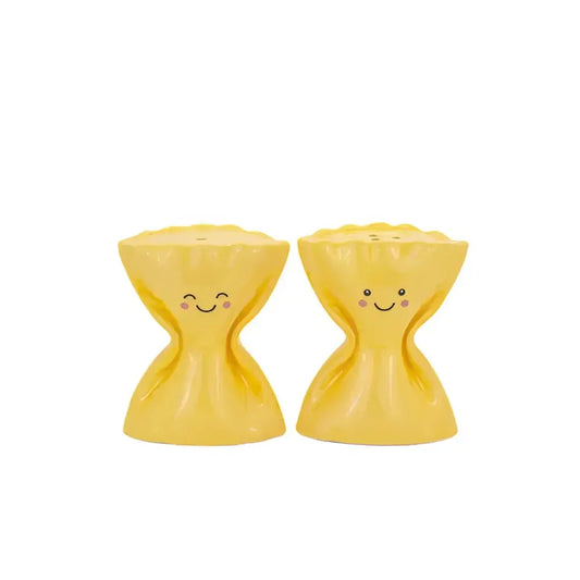 Salière poivrière Pasta Farfalle : shakers jaune céramique souriants en dumplings, clin d’œil à l’art