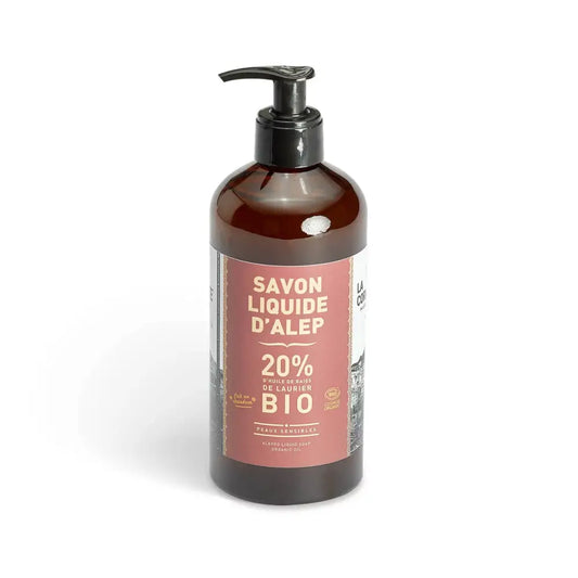 Savon d’alep liquide bio mains, corps et visage dans bouteille brun foncé avec pompe noire