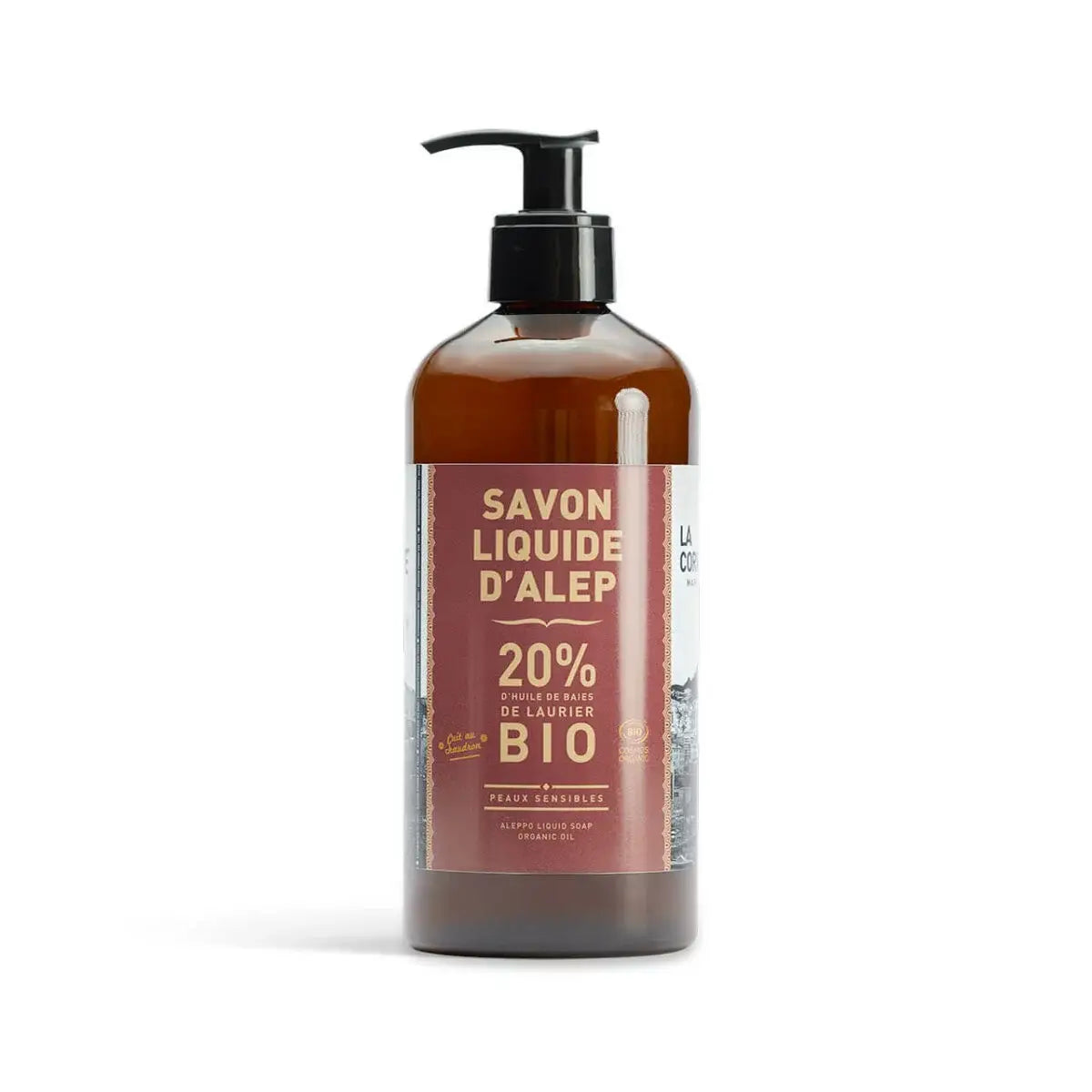 Bouteille pompe de savon d’alep liquide bio mains à 20% huile de laurier