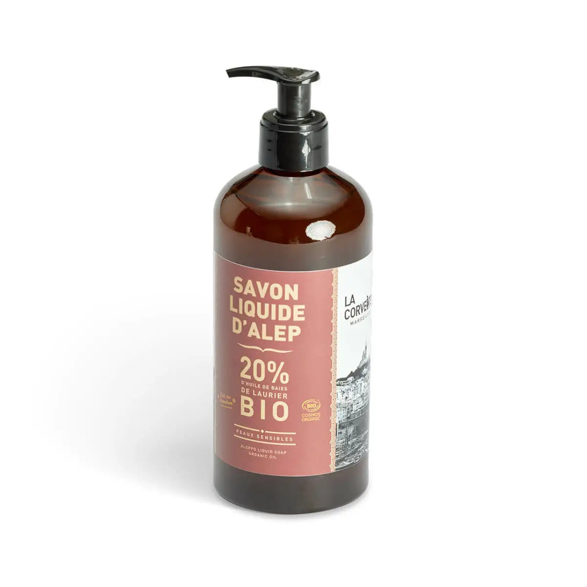 Bouteille de savon d’alep liquide bio mains en ingrédients naturels, 500 ml