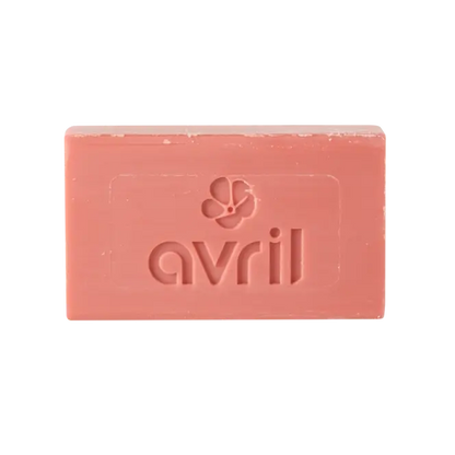 Savon main corps solide framboise 100g, barrette rose rectangulaire avec emblème floral