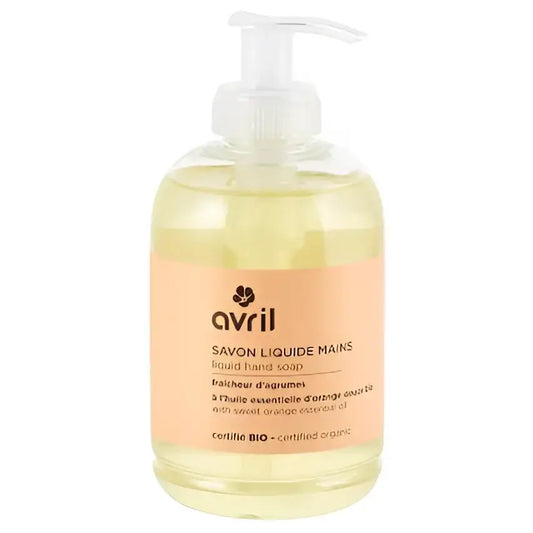 Savon main liquide bio fraicheur d’agrumes avec essentielle d’orange douce, bouteille claire jaune