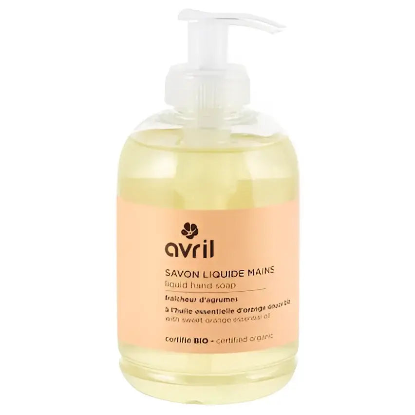 Bouteille pompe de savon main liquide bio à l’essentielle d’orange douce, 300 ml