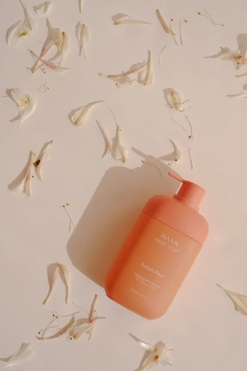 Bouteille de savon pour les mains aux probiotiques Sunset Fleur 350 ml, pêche mat