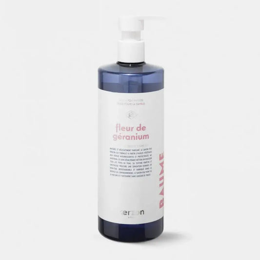 Bouteille bleue translucide de savon mains corps liquide Fleur de Géranium 500mL