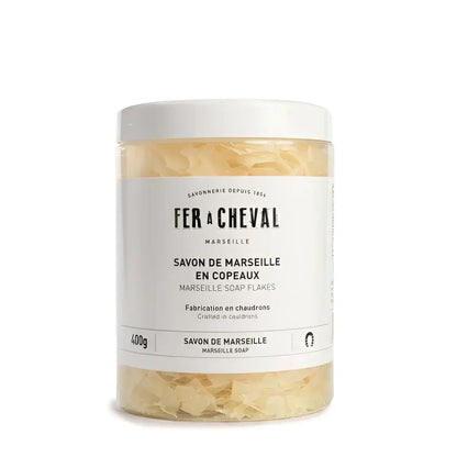 Pot de copeaux de savon végétal de Marseille pour lessive maison artisanale