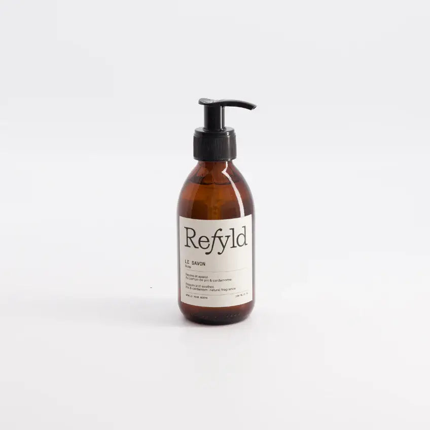 Savon parfumé Refyld 290ml en verre ambré avec pompe noire