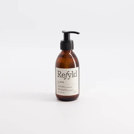 Savon parfumé Refyld 290ml en verre ambré avec pompe noire