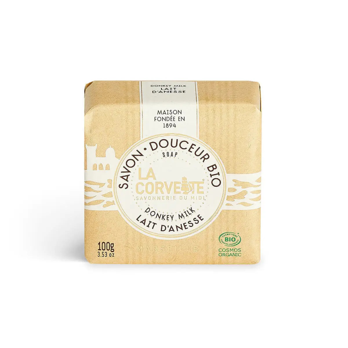 Savon solide lait d’anesse bio emballé en papier, avec label Savon Douceur Bio