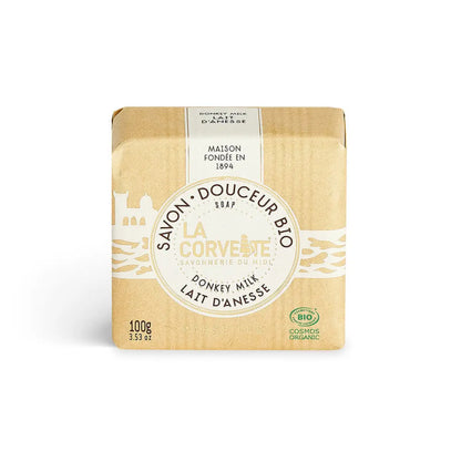 Savon solide lait d’anesse bio emballé en papier, avec label Savon Douceur Bio