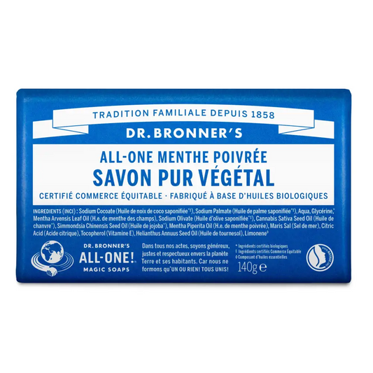 Savon solide pur menthe poivrée de Dr Bronner’s, 140g, bio et équitable