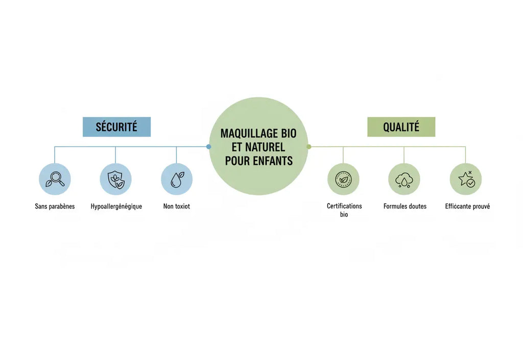 A simple diagram of the advantages of organic and natural makeup for children: safety and quality