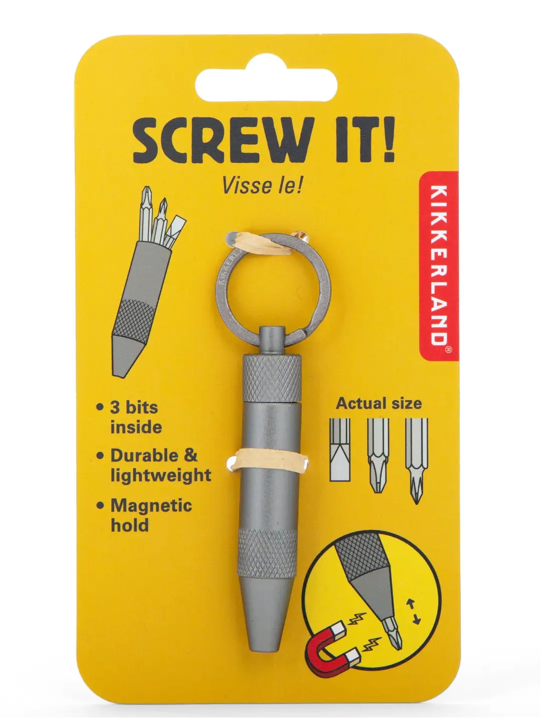Tournevis gris métallique Screw It! de Kikkerland avec boucle porte-clés et 3 embouts interchangeables