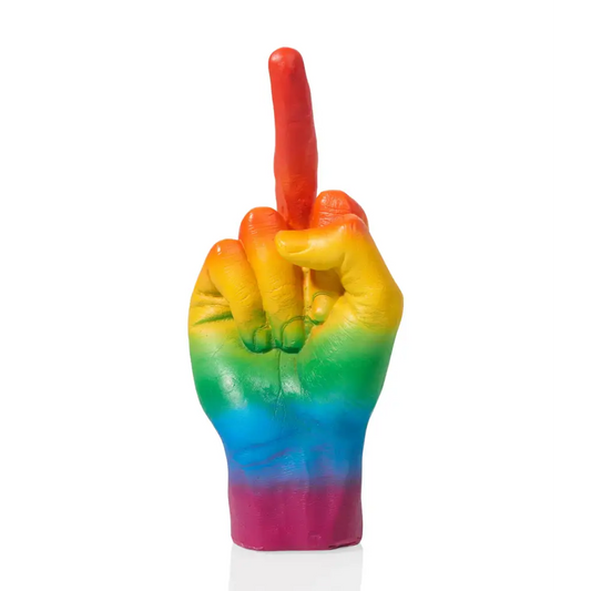 Sculpture main fuck rainbow bougie, main fuck rainbow candle en forme de main