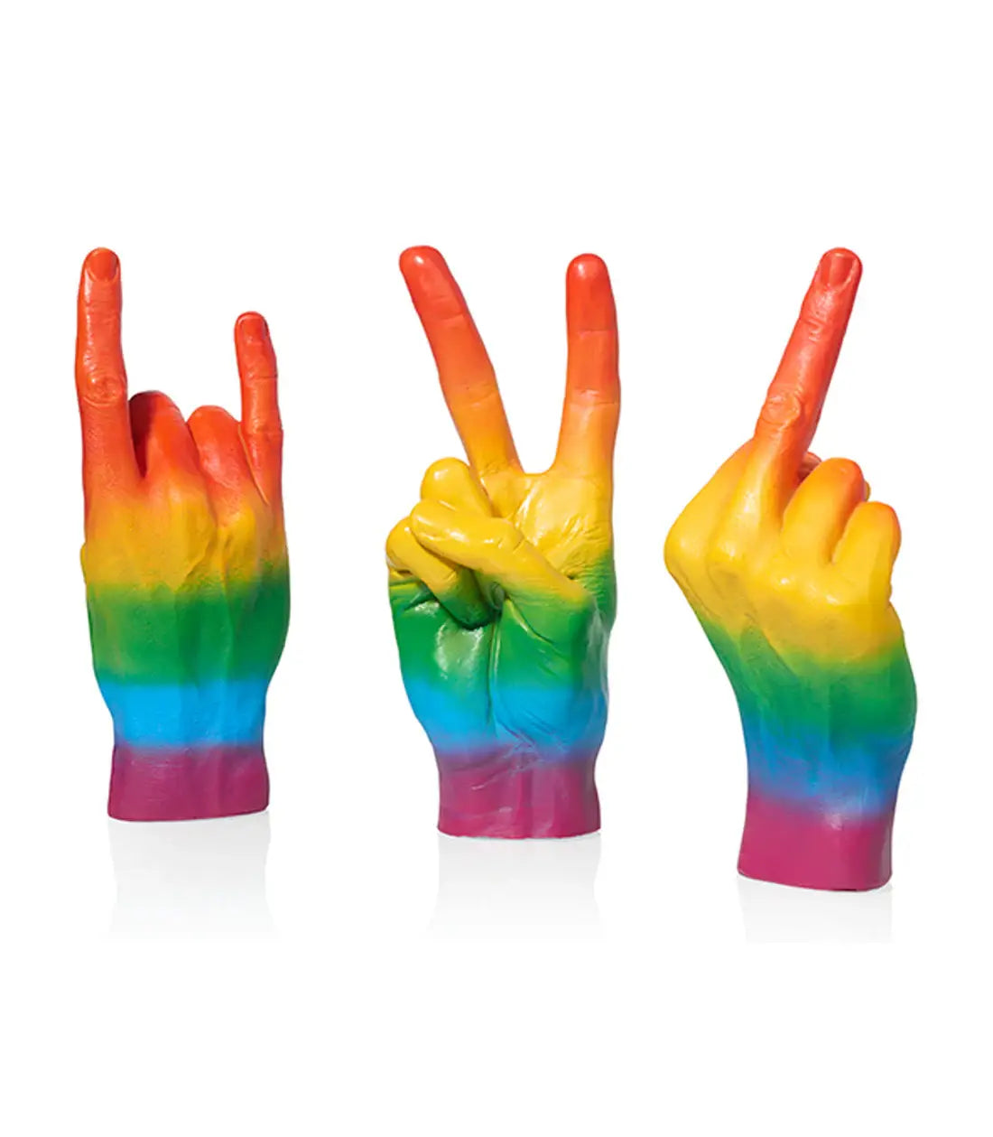 Trois sculptures de mains arc-en-ciel aux lignes fines, finition soignée, gestes variés