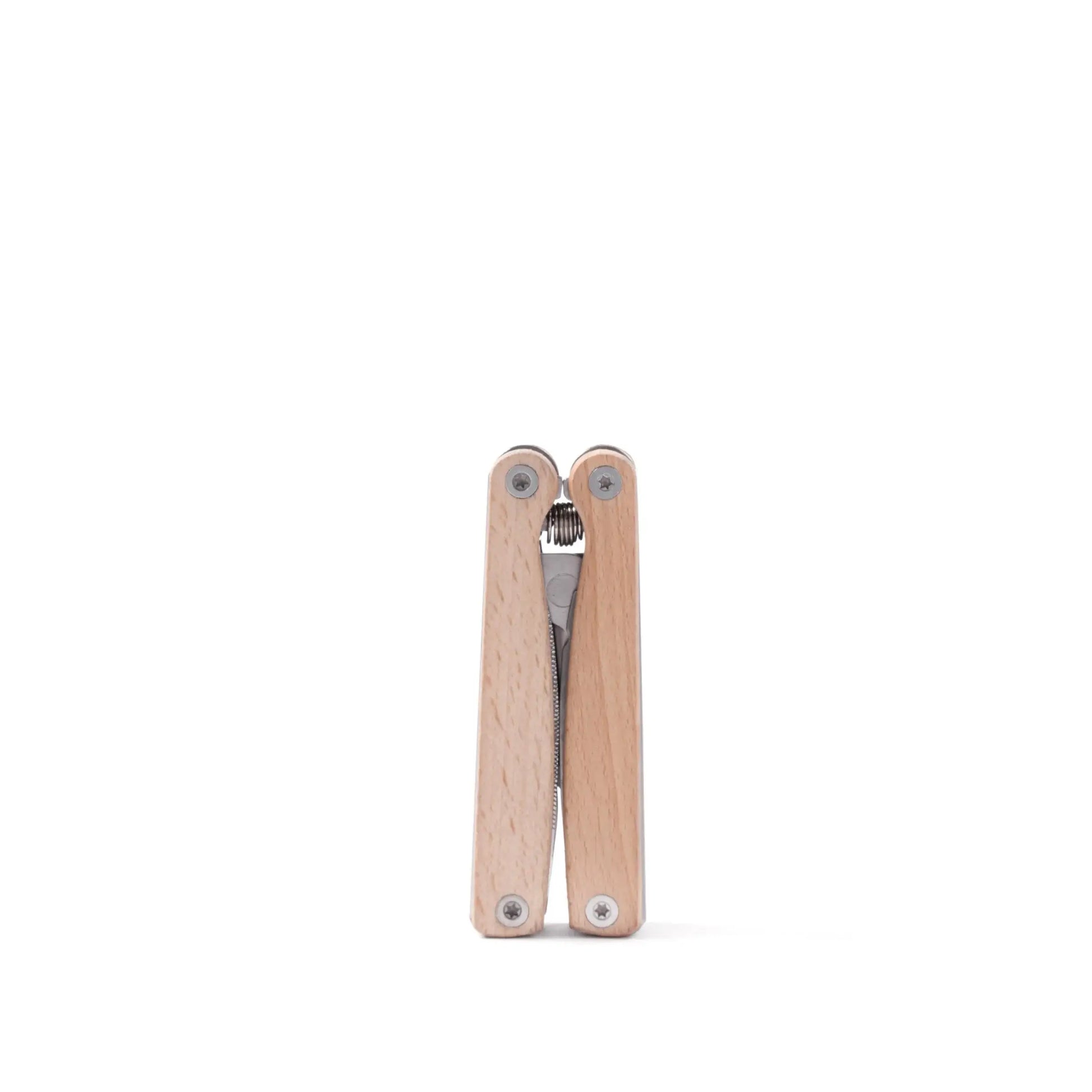 Sécateur multifonction en bois clair et métal, design élégant outil