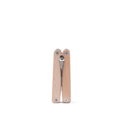 Sécateur multifonction en bois clair et métal, design élégant outil