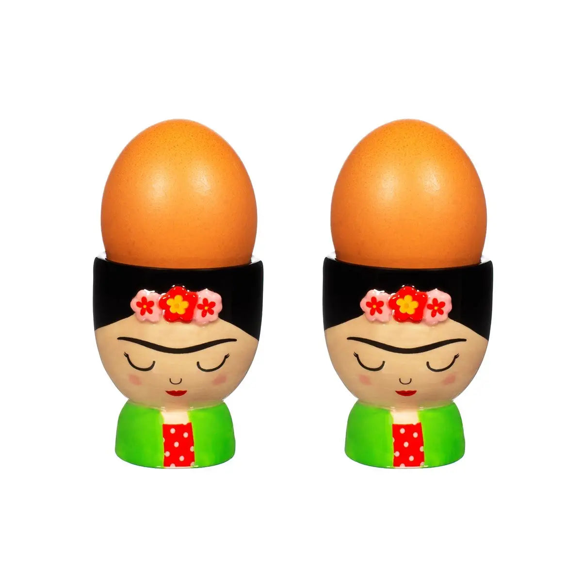 Deux coquetiers Frida en bois artisanal avec œufs