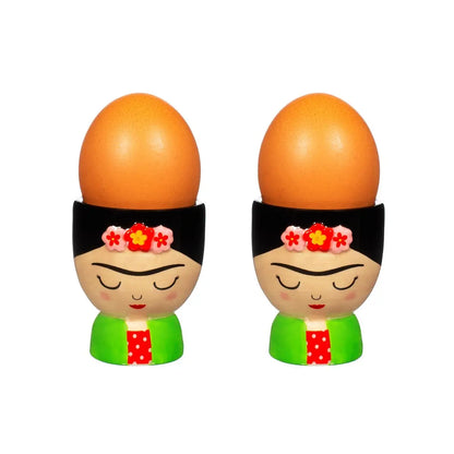 Deux coquetiers Frida en bois artisanal avec œufs