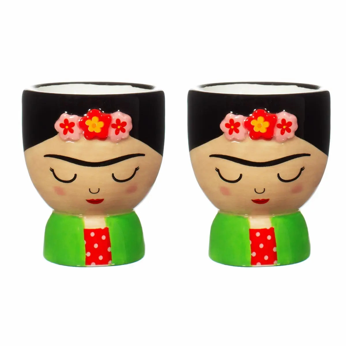Deux coquetiers Frida artisanaux avec touche artistique de Kahlo