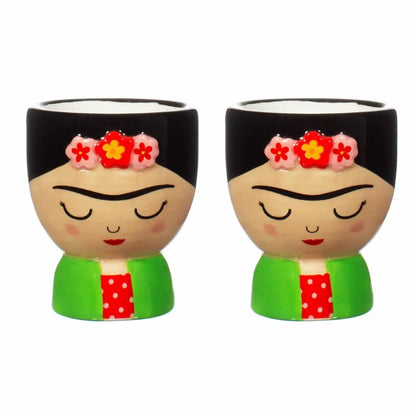 Deux coquetiers en céramique avec design coloré et touche artistique Frida Kahlo