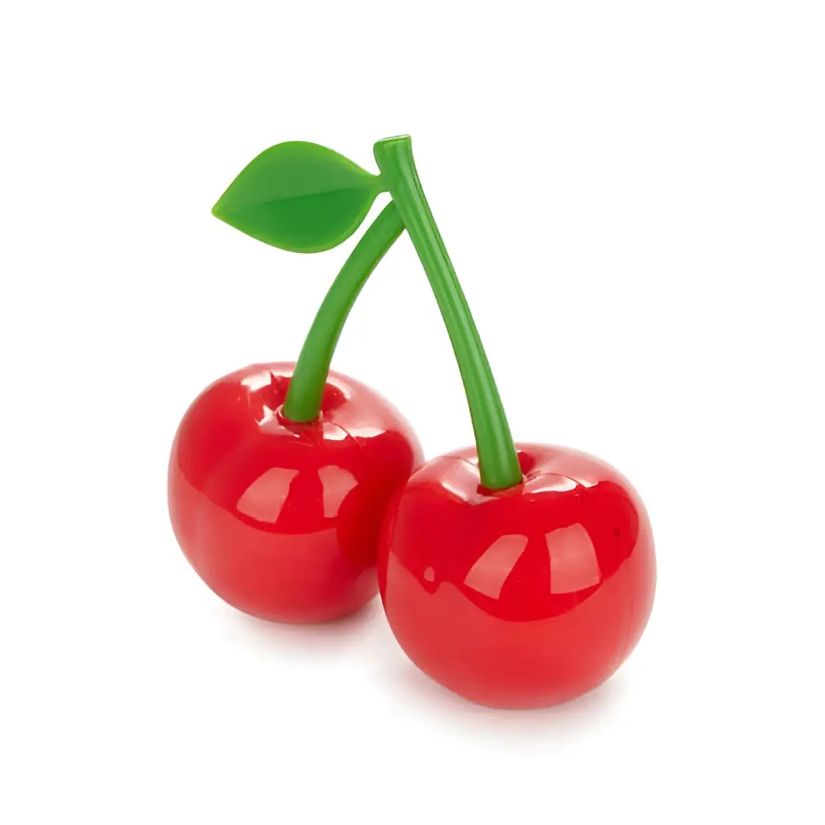 Set de cerises rouges en plastique glossy avec tiges vertes et feuilles