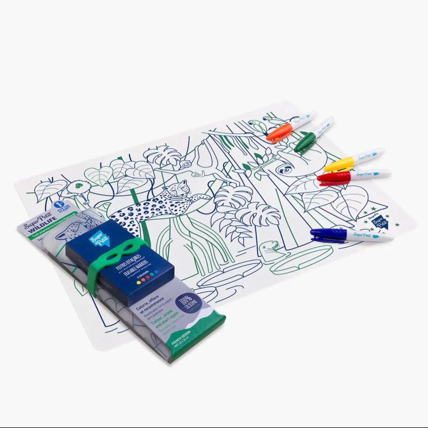 Set de table à colorier Amazonie : forêt tropicale bleu-vert avec marqueurs
