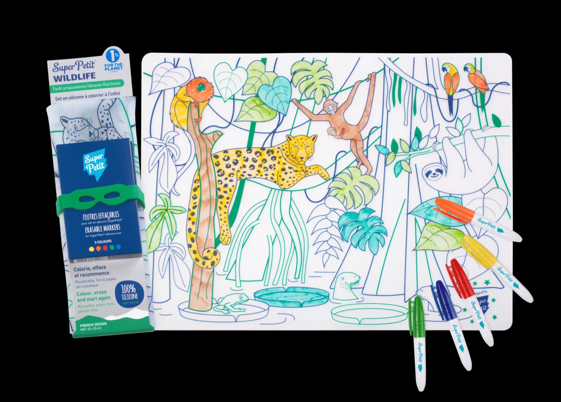 Tapis coloriant jungle Amazonie en silicone réutilisable avec feutres colorés