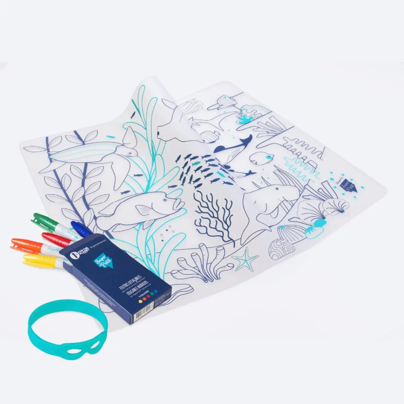 Feuille à colorier transparente fonds marins avec poissons et corail en bleu marine