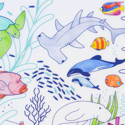 Table à colorier fonds marins avec requin marteau et animaux marins, idée cadeau