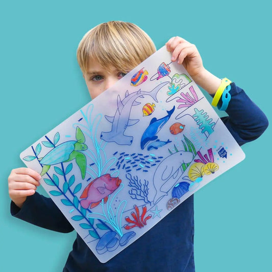 Tapis à colorier translucide fonds marins avec requins et tortues, idée cadeau