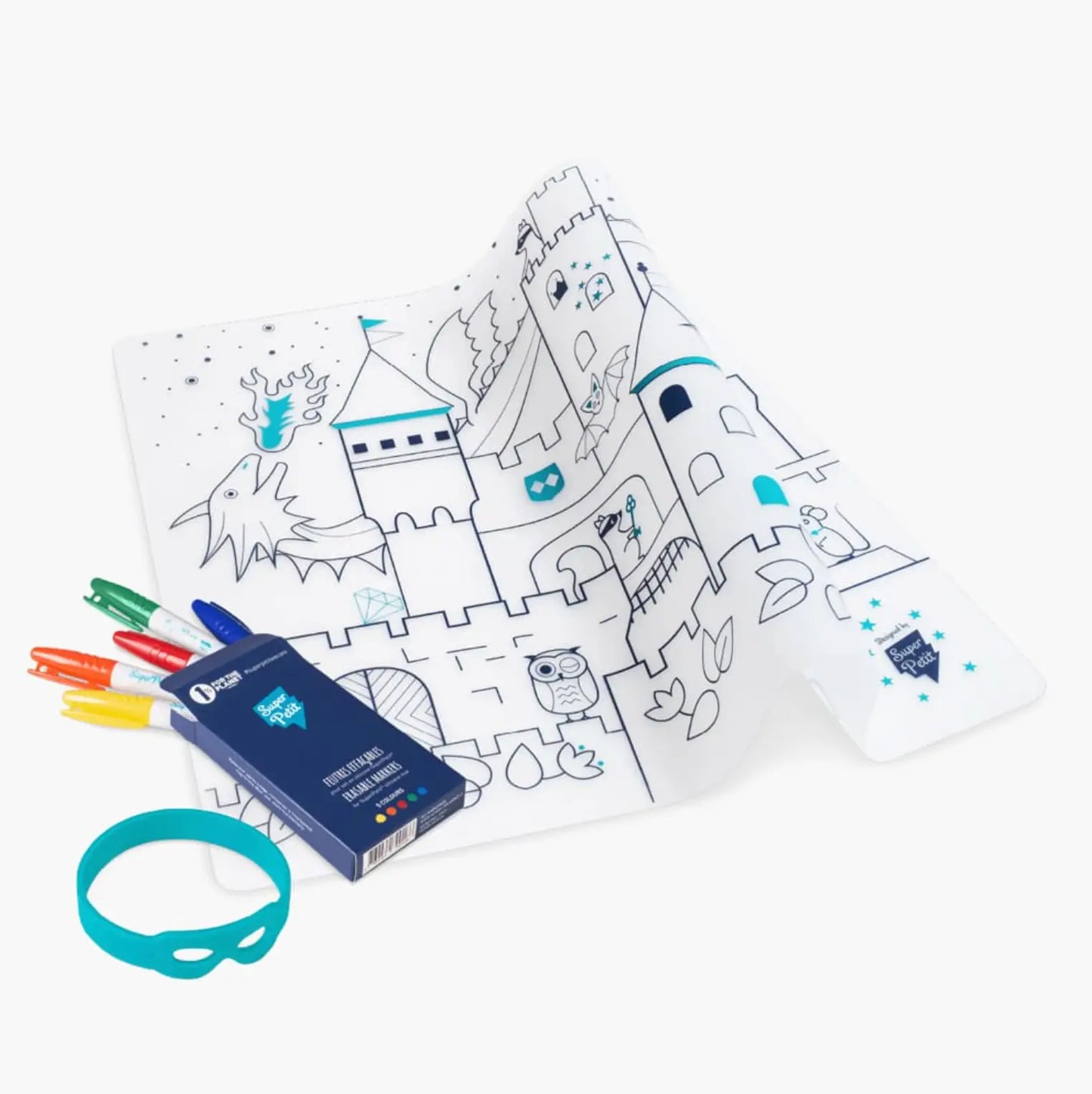Tapis à colorier château blanc Set De Table À Colorier Chateau avec accents teal et marqueurs colorés