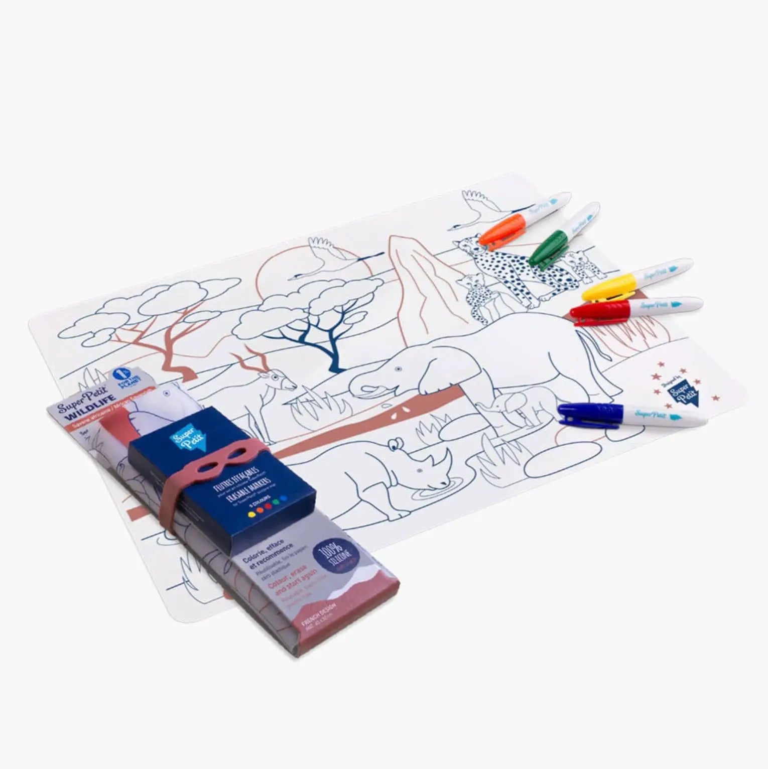 Set de table à colorier savane coloré, scène safari réutilisable avec 5 feutres