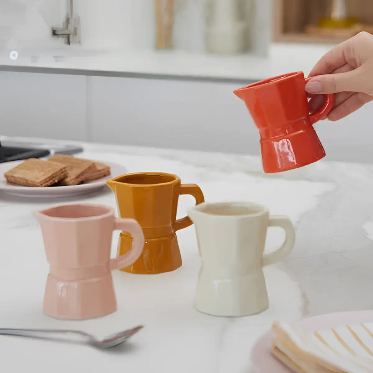 Cafetière italienne moka rouge hexagonale élégante x4