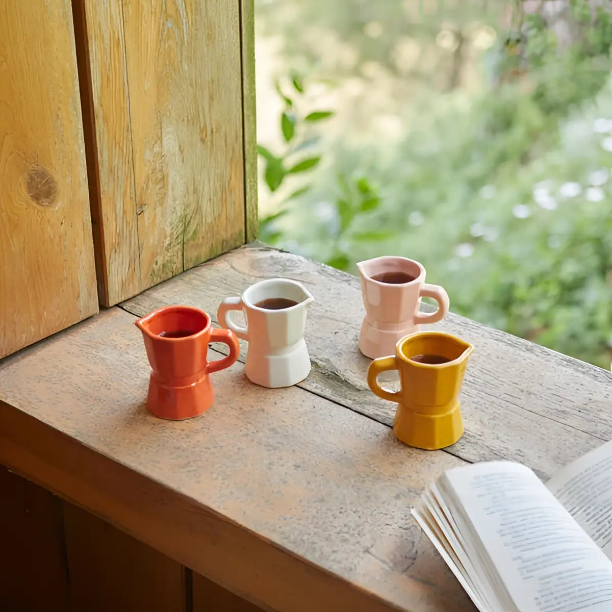 Quatre mini-pichets céramiques orange, blanc, rose, jaune sur bois rustique, set Moka x4 avec tradition italienne