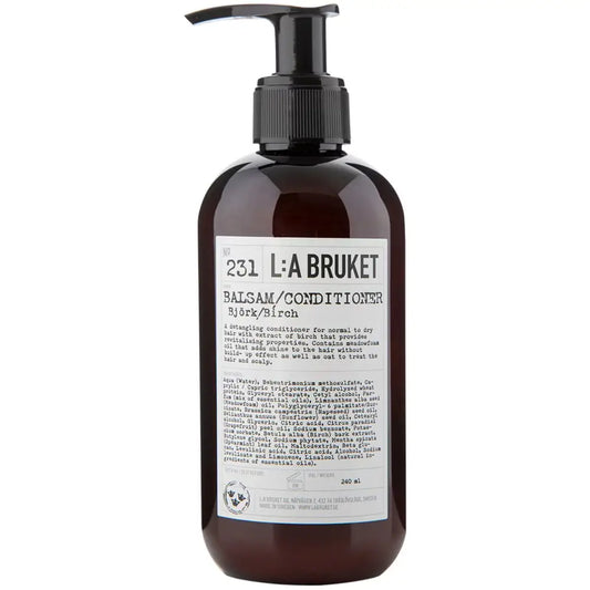 Bouteille brune d’après-shampoing liquide bouleau 240mL à pompe noire, soin capillaire naturel nourrissant