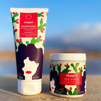 Shampoing nourrissant Figue de Barbarie en tube blanc et pot avec cactus violet et accents rouges