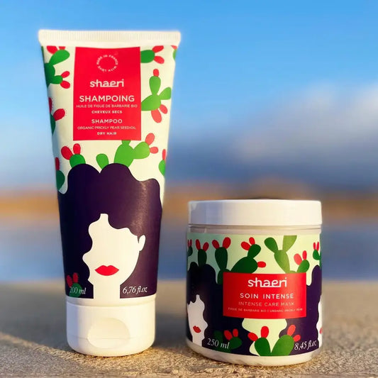 Shampoing nourrissant Figue de Barbarie en tube blanc et pot avec cactus violet et accents rouges