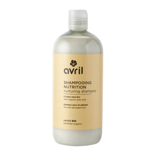 Bouteille claire de shampoing nutrition 500ml à l’aloe vera bio pour cheveux secs et abîmés