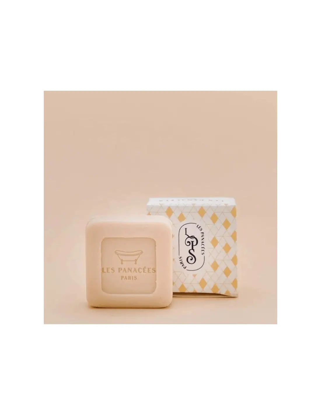 Après-shampoing solide À l’ombre des Cyprès, savon beige embossé baignoire