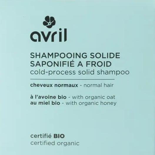 Packaging shampooing solide pour cheveux normaux avec oaty et miel bio, certifié organic