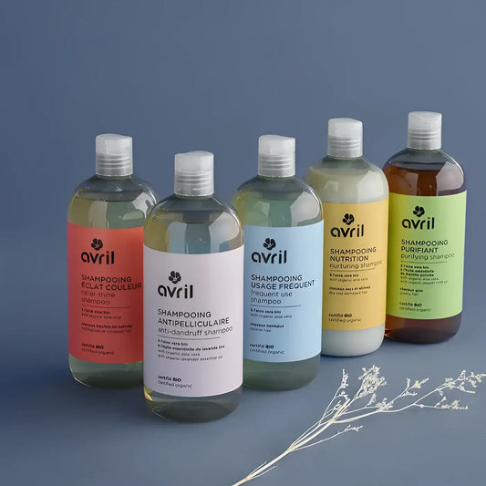 Cinq bouteilles shampooing Avril Éclat De Couleur 500ml, cheveux éclatants