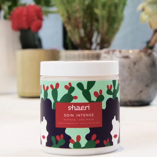 Masque intense Shaeri Soin avec cactus verts et fleurs rouges pour éclat naturel fibre capillaire