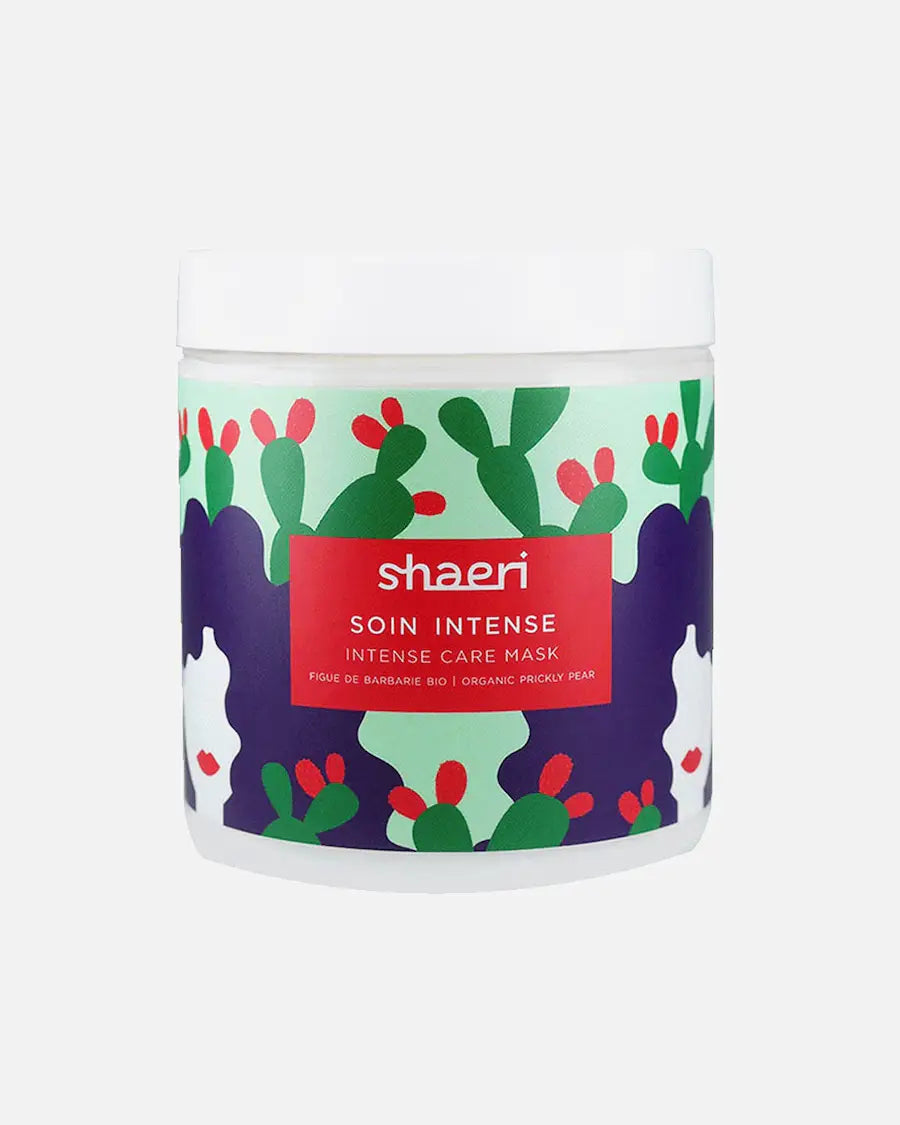 Masque intense Shaeri Soin avec cactus verts et fleurs rouges