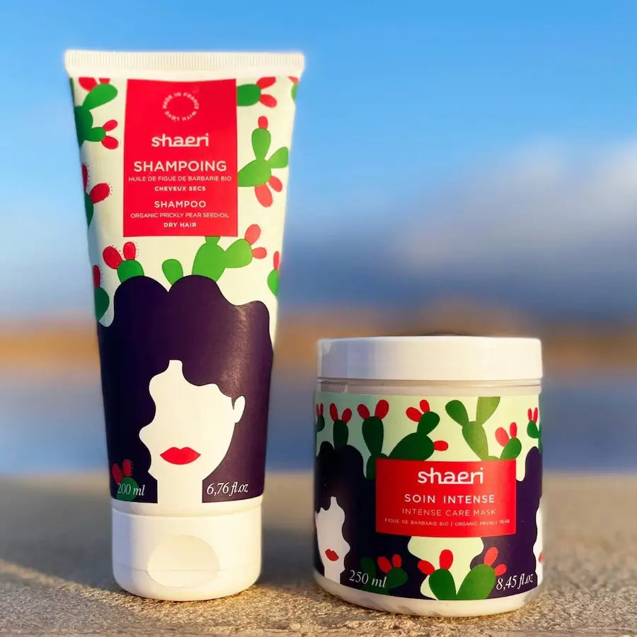 Masque intense Soin Nourrissant Et Démélant avec tube et pot Shaeri, design cactus violet et rouge