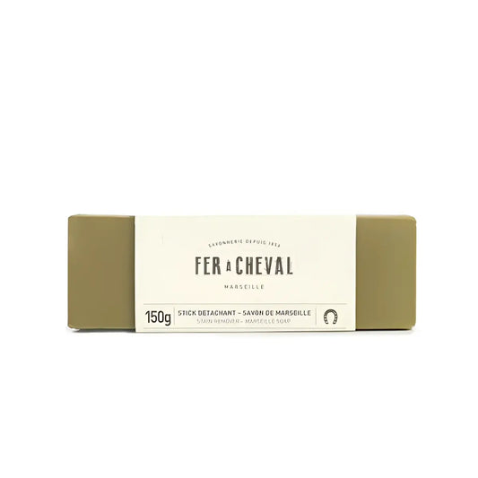 Stick détachant au savon de Marseille 150g, olive green bar avec étiquette blanche