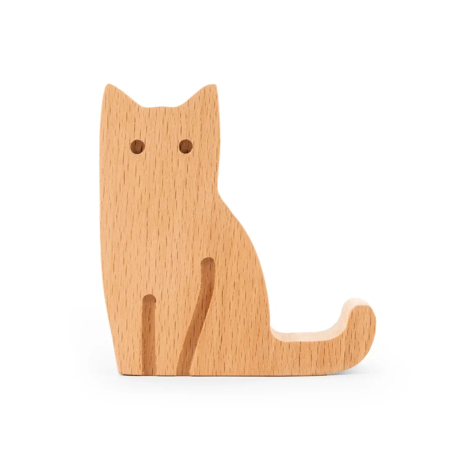 Support téléphone chat en bois clair, design félin fiable