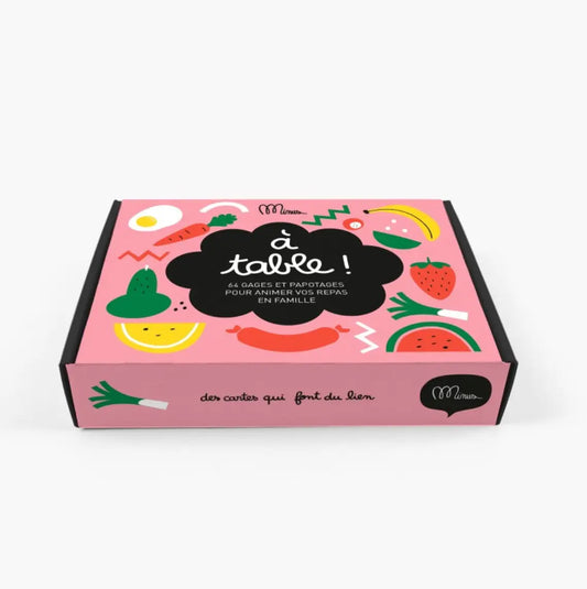 Boîte rose design coloré à table ! avec fruits, légumes et énergie positive