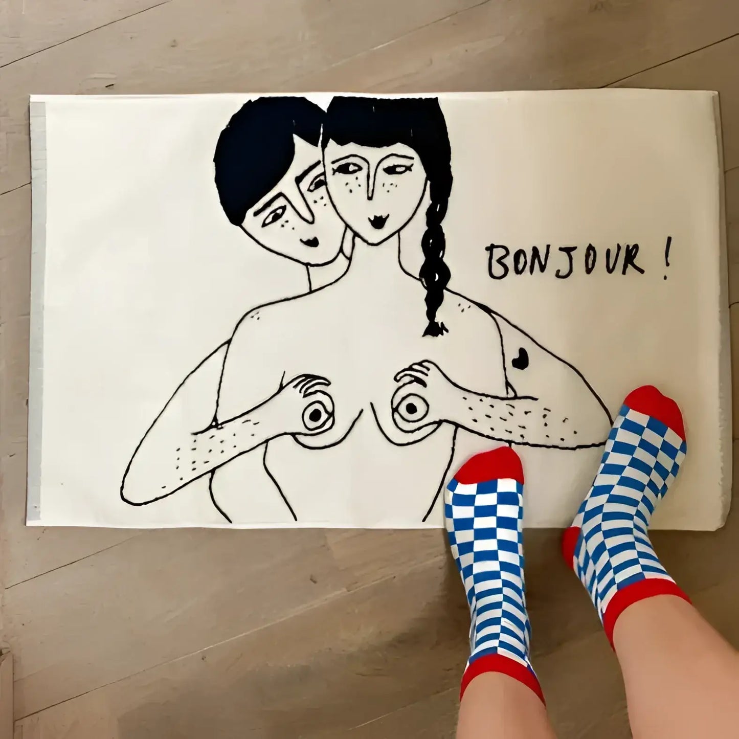 Tapis de bain Bonjour double face en coton pur, texture dense, motif bonjour!